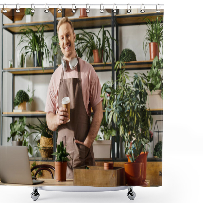 Personality  A Man In An Apron Holding A Cup Of Coffee. He Is In A Plant Shop, Reflecting A Small Business Owner Taking A Break. Shower Curtains