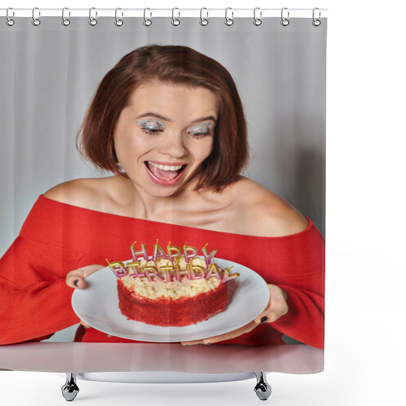 Personality  Thrilled Woman In Red Attire Looking At Bento Cake With Happy Birthday Candles On Grey Background Shower Curtains