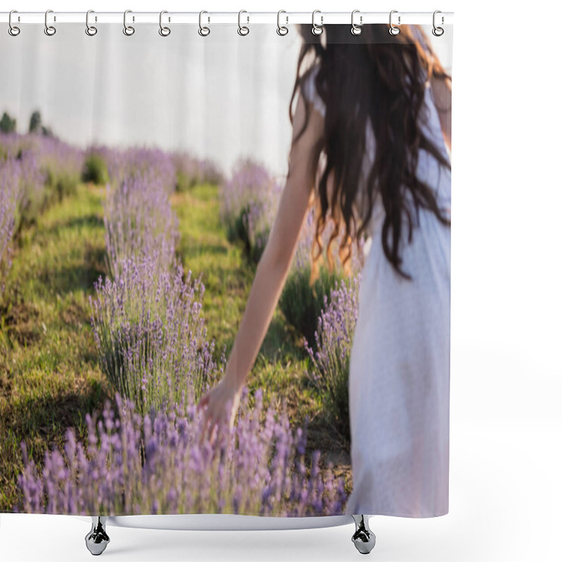 Personality  Partial View Of Blurred Brunette Woman With Long Hair In Field Of Flowering Lavender Shower Curtains