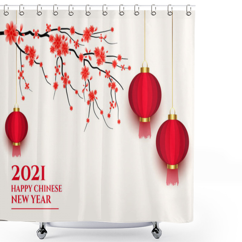 Personality  2021 Chinese Happy New Year Lantern And Sakura Flower Vector Shower Curtains