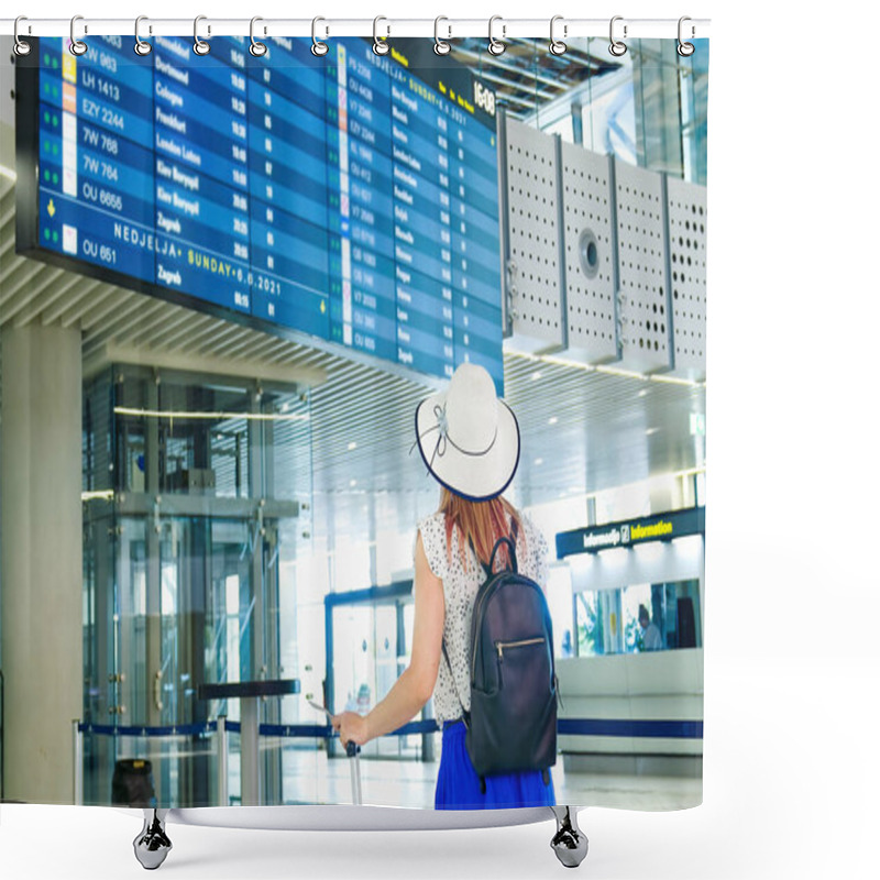 Personality  Traveller Woman Is Wearing Protective Mask In International Airport, Travel Under Covid-19 Pandemic. Masked Tourists At The Airport. Shower Curtains