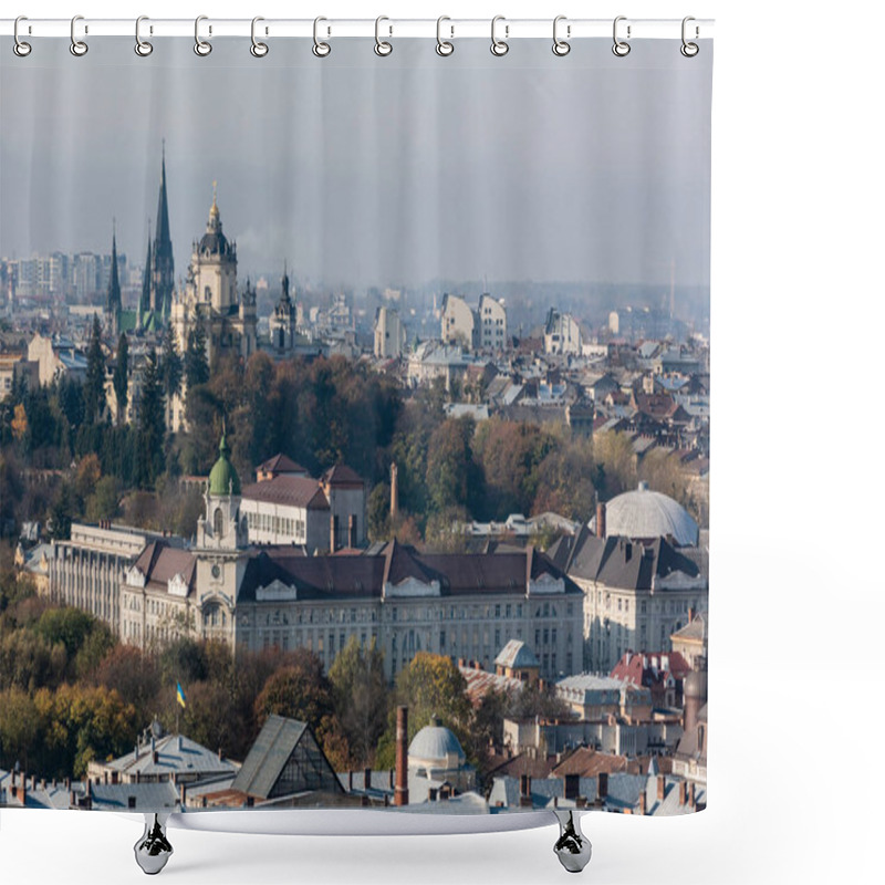 Personality  LVIV, UKRAINE - OCTOBER 23, 2019: Aerial View Of City Hall And Dominican Church In Historical Center Of City Shower Curtains