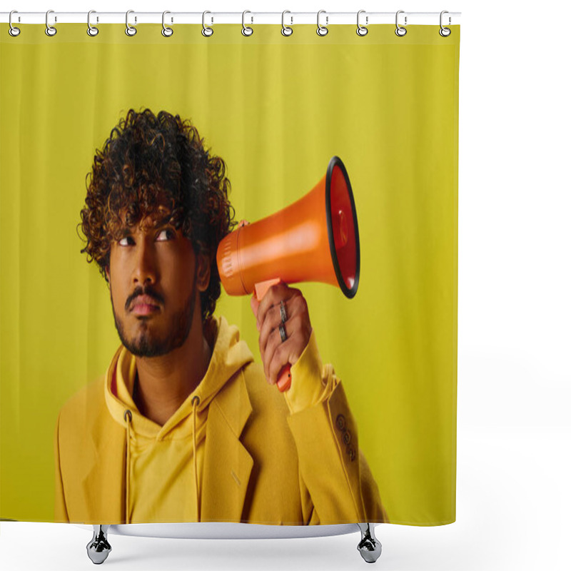 Personality  A Handsome Young Indian Man In A Yellow Hoodie Holding A Red Megaphone. Shower Curtains