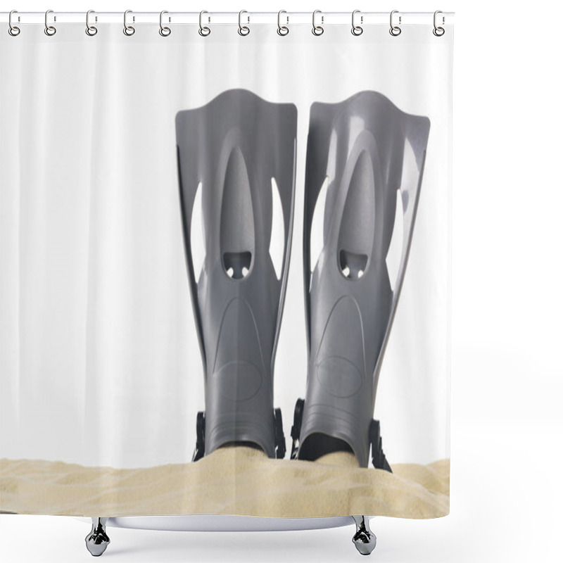 Personality  Black Flippers In Sand Isolated On White Shower Curtains