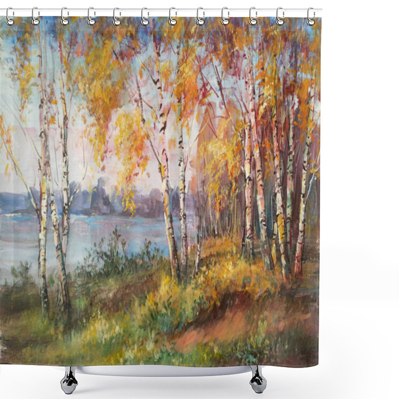 Personality  Autumn Birches By The Pond. Shower Curtains