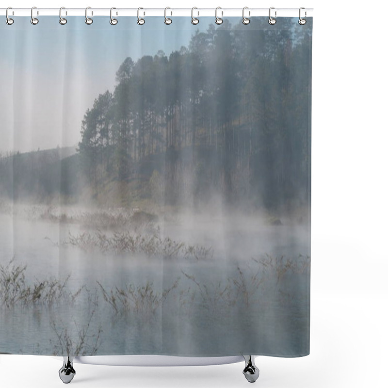 Personality  Shrubs And Pine Forest Reflection On The Lake With Dense Fog, Magic Light And Blue Sky At Sunrise Shower Curtains