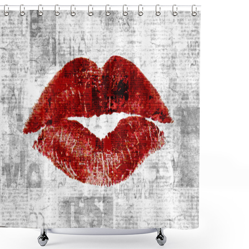 Personality  Newspaper Print With Old Unreadable Text And Beautiful Woman's Lipstick Kiss. Vintage Grunge Blurred Paper News Texture Horizontal Background. Textured Page. Gray Beige Red Collage. Shower Curtains