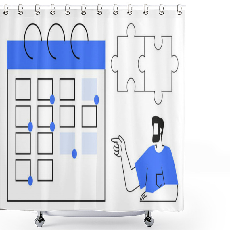 Personality  Office Worker Pointing At Calendar Marked With Dots, Accompanied By Two Puzzle Pieces. Ideal For Scheduling, Project Management, Deadlines, Teamwork, Planning, Organization Time Management. An Shower Curtains