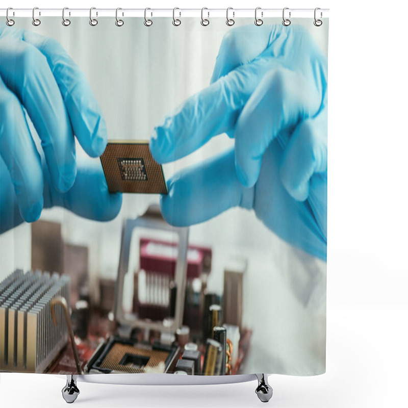 Personality  Partial View Of Engineer Holding Microchip Near Computer Motherboard Shower Curtains