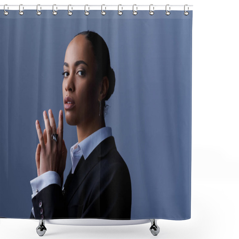 Personality  A Young African American Woman In A Business Suit, Calmly Holding Her Hands Together. Shower Curtains