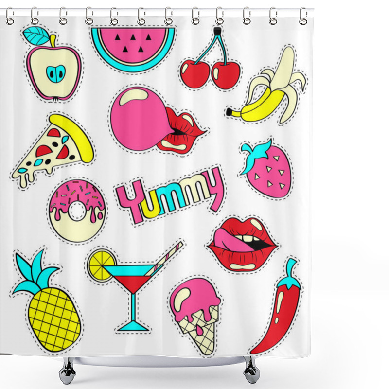 Personality  Girlish Patch Badges With Banana, Strawberry, Watermelon, Ice Cream, Cocktail, Pineapple, Bubble Gum, Lips, Pizza, Cherry. Stickers Set. Yummy Collection Shower Curtains