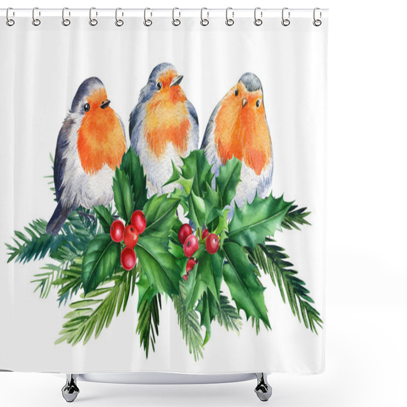 Personality  Robin, Holly, Poinsettia, Spruce Branches, Birds On Isolated White Background, Victorian Clipart. Christmas Watercolor Shower Curtains