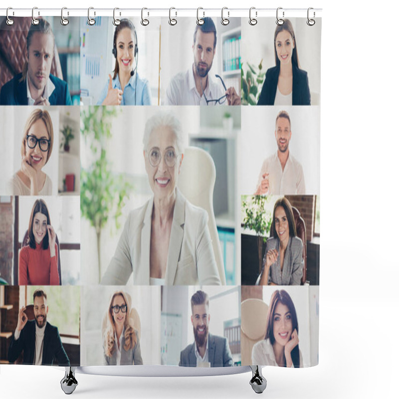 Personality  Visual Conversation On Private Channel Using Modern Technology To Gather Together Concept. Montage Multiple Photo Of Businesswoman Ceo Train Speak With Colleagues Employees On Screen Monitor Shower Curtains