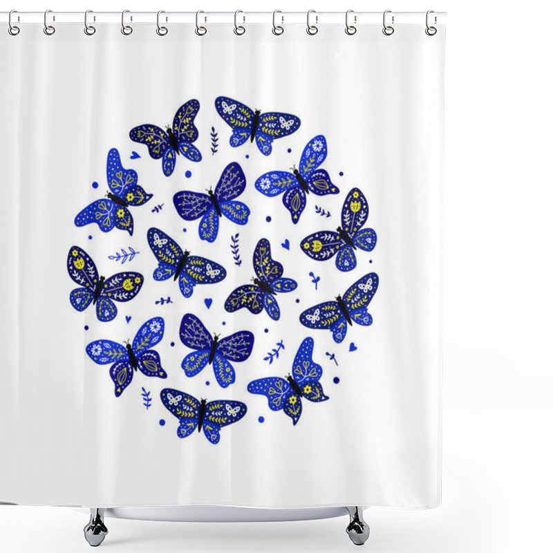 Personality  Blue Doodle Butterflies With Floral Decor In Scandinavian Folk Style Composed In Circle Shape. Shower Curtains