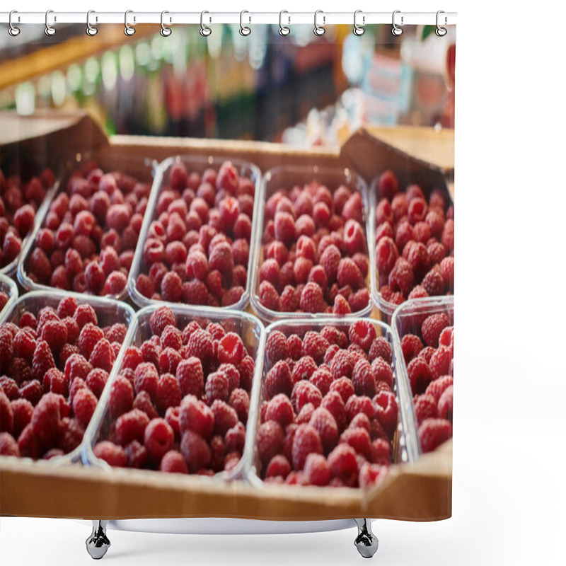 Personality  Object Photo Of Huge Amount Of Packed Nutritious Raspberries At Grocery Store, Farmers Market Shower Curtains