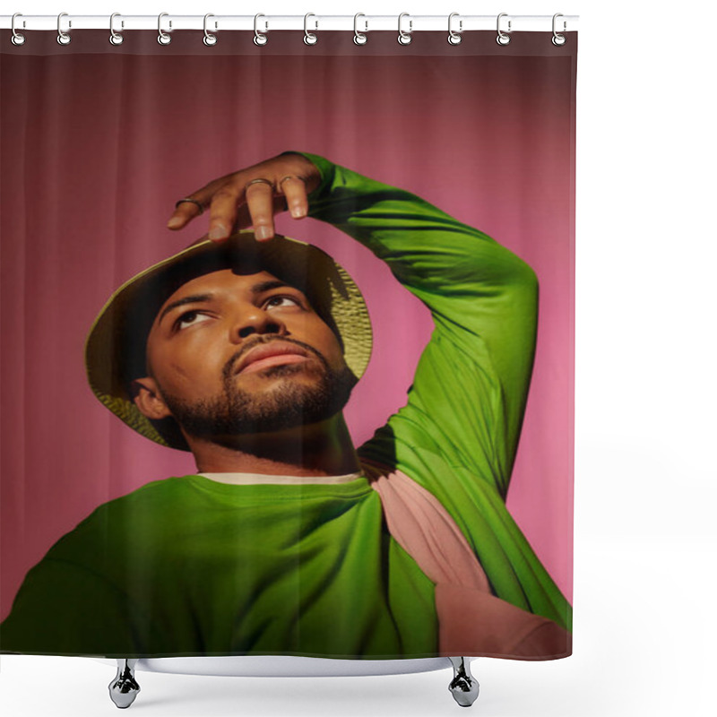 Personality  Good Looking African American Man With Silver Rings In Green Panama Gesturing, Fashion Concept Shower Curtains