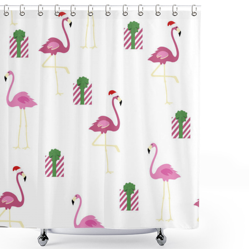 Personality  Tropical Christmas Flamingo Seamless Pattern Pink Flamingo With Christmas Hat, Gift, On White Background Easy For Paper, Fabric, Christmas Cards, Packing, Invitation, Other Your Designs. Shower Curtains