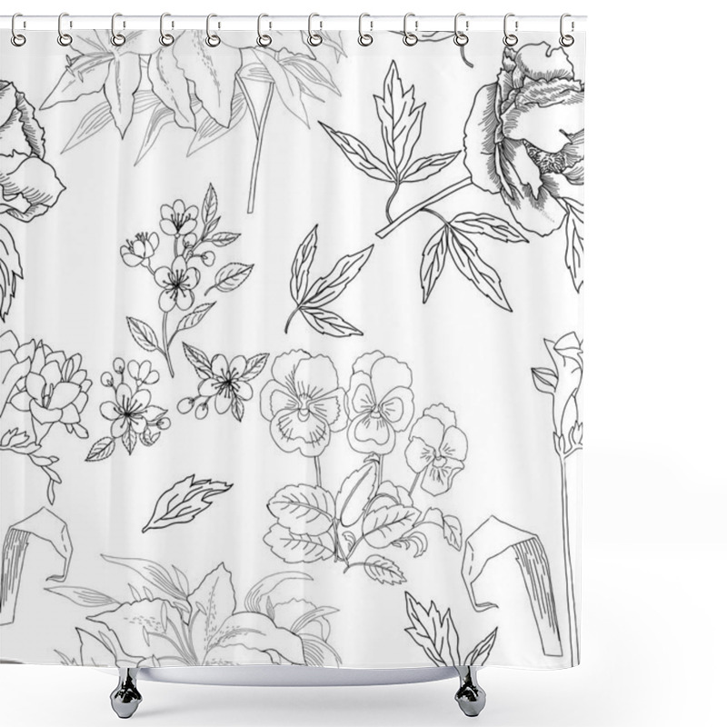 Personality   Seamless Pattern With Flowers Sketches. Hand Drawn Botanical El Shower Curtains