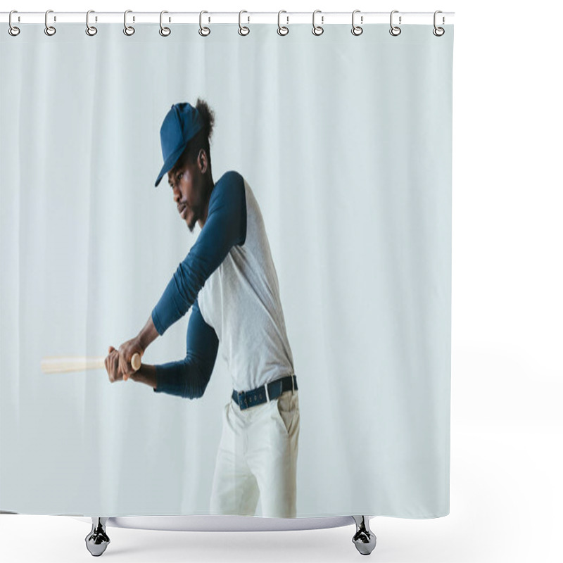 Personality  Serious African American Sportsman Playing Baseball Isolated On Grey Shower Curtains