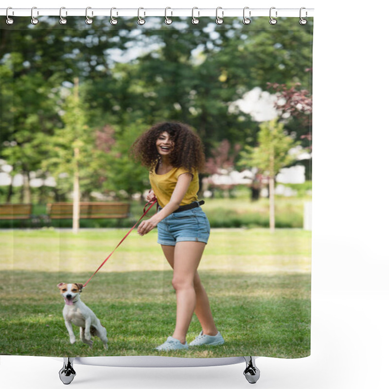 Personality  Selective Focus Of Young Woman Looking Away And Keeping Dog On Leash Shower Curtains