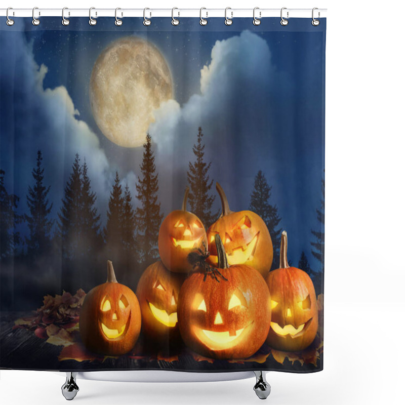 Personality  Spooky Jack O Lantern Pumpkins With Creepy Spider In Misty Forest Under Full Moon On Halloween Shower Curtains