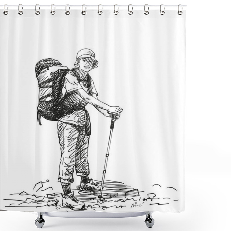 Personality  Sketch Of Trekking Woman With Big Backpack, Hand Drawn Vector Illustration Shower Curtains