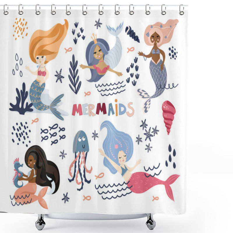 Personality  Set Of Isolated Swimming Cute Mermaids, Sea Plant, Marine Animals, Corals And Seaweed, Vector Hand Drawn Illustration Shower Curtains