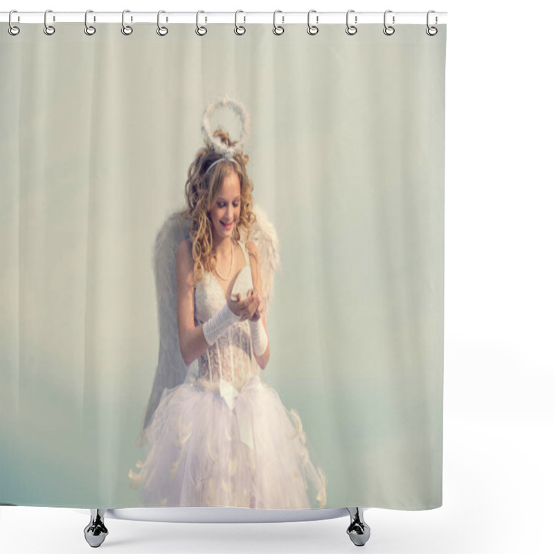 Personality  Angel Child Girl With Curly Blonde Hair. Festive Art Greeting Card. Arrow Of Love. Charming Curly Little Girl In White Dress And Wings - Angel Cupid Girl. Shower Curtains