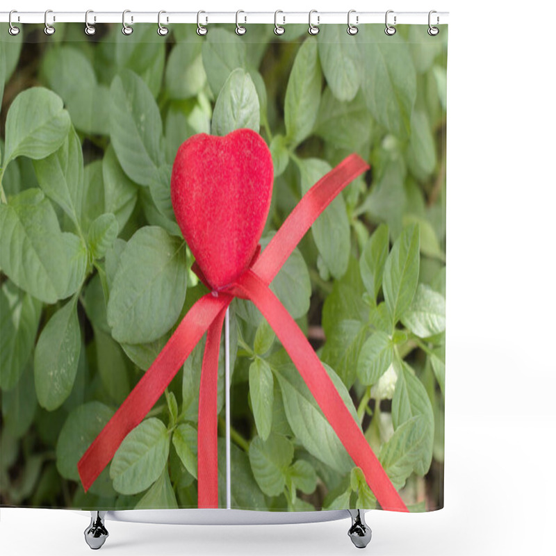 Personality  Red Velvet Heart With A Ribbon Bow On A Stick, Placed On A Bed Of Fresh Green Leaves. Perfect For Valentine's Day, Love, Romance, Or Nature-themed Concepts. Shower Curtains