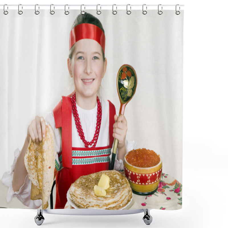 Personality  Russian Girl Behind A Table With Pancakes Shower Curtains