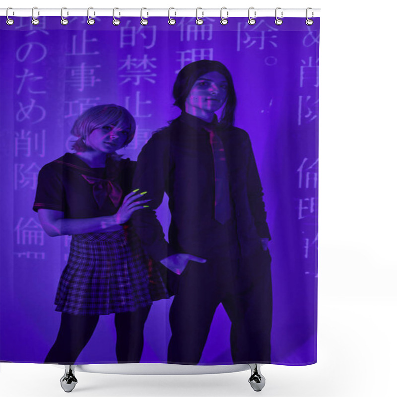 Personality  Young Cosplayers In Students Uniform And Wigs Posing In Blue Neon Light With Hieroglyphs Projection Shower Curtains