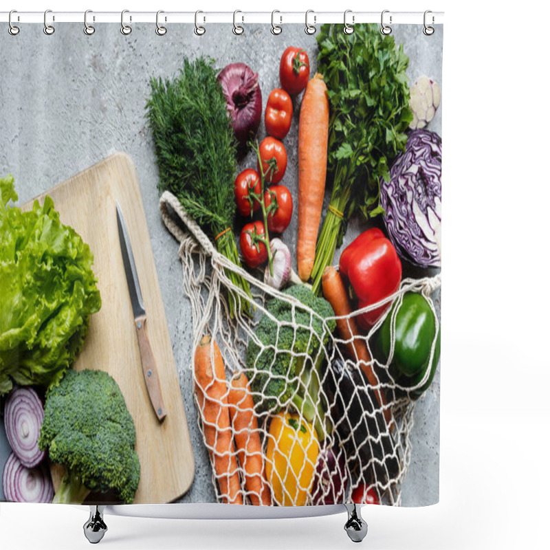 Personality  Top View Of Fresh Ripe Vegetables In String Bag Near Cutting Board With Knife On Grey Concrete Surface Shower Curtains