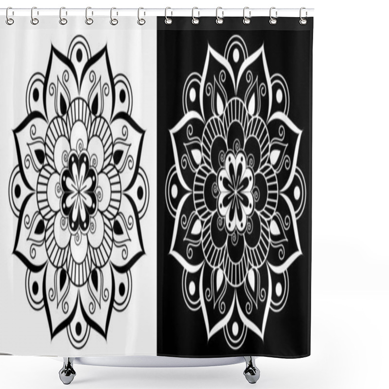 Personality  Indian Traditional And Cultural Rangoli Mandala Design Concept Of Floral Art Isolated On Black And White Background Shower Curtains