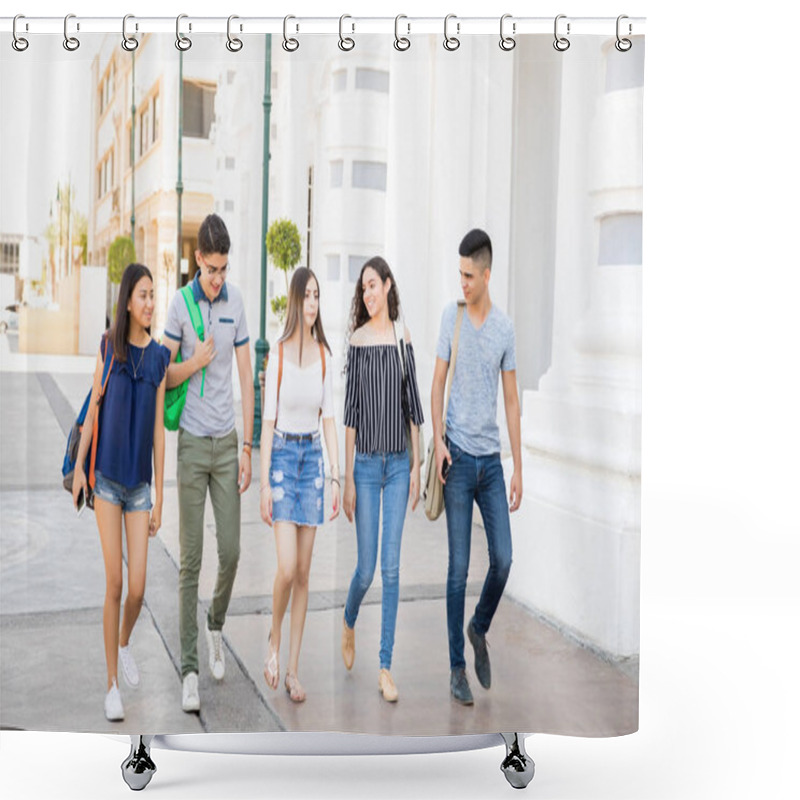 Personality  Full Length Portrait Of Teenagers With Backpacks Going To Schoo Shower Curtains