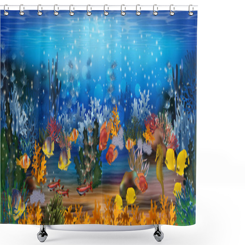 Personality  Beautiful Underwater Wallpaper With Fish, Algae, Vector Illustration Shower Curtains