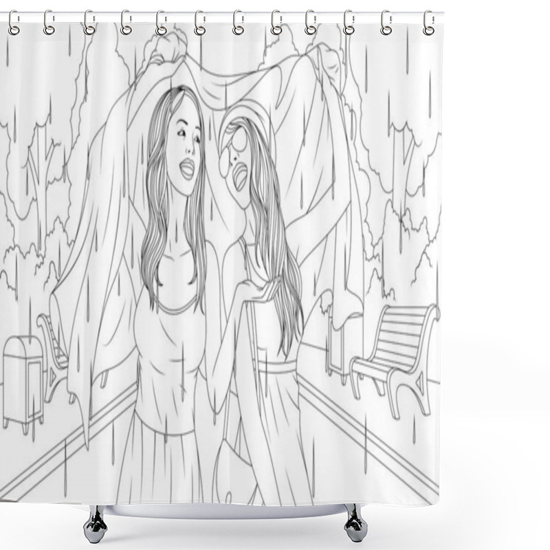 Personality  Vector Illustration, Two Beautiful Girls Walk In The Rain And Laugh, Hiding With Clothes Shower Curtains