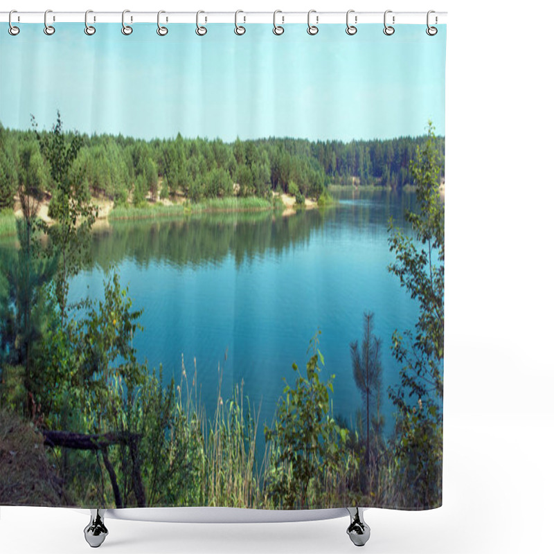 Personality  Blue Lake In A Pine Forest. Shower Curtains