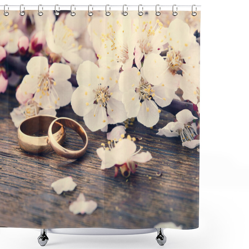 Personality  Wedding Rings. Spring. Flowering Branch On Wooden Surface.  Shower Curtains