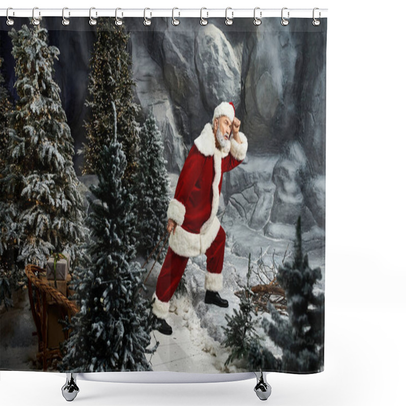 Personality  Santa Is Journeying Through A Snowy Landscape, Surrounded By Evergreen Trees And Rocky Formations. Shower Curtains