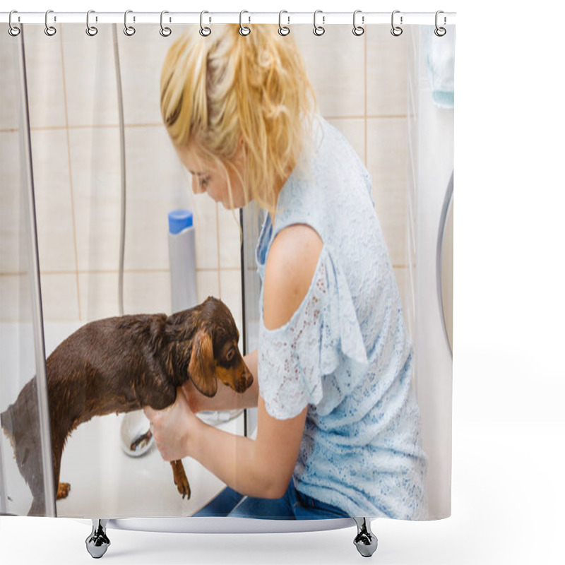 Personality  Woman Showering Her Dog Shower Curtains