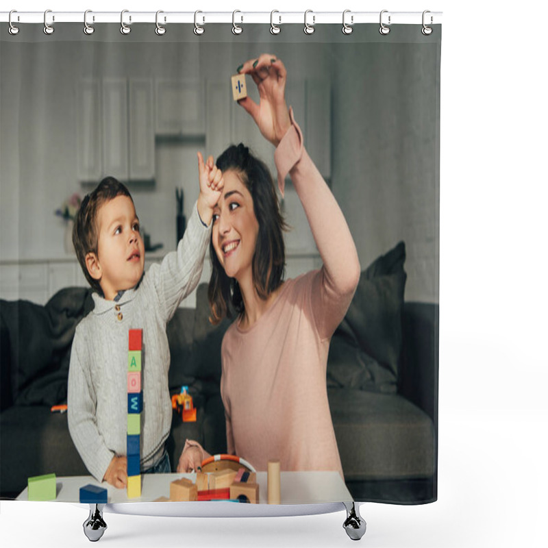 Personality  Kid And His Mother Playing Blocks Wood Tower Game At Home Shower Curtains