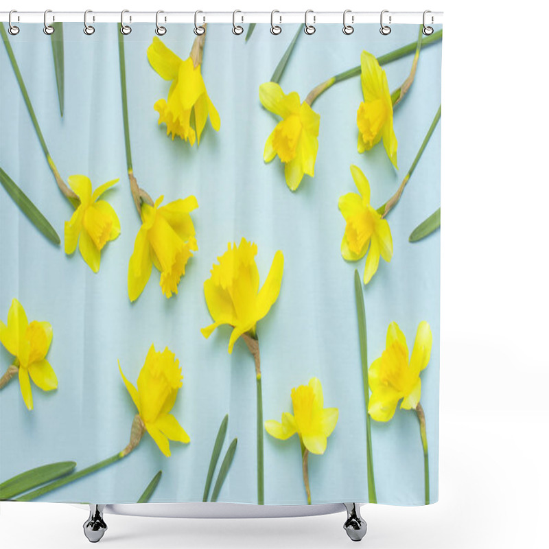 Personality  Spring Floral Background. Yellow Narcissus Or Daffodil Flowers On Blue Background Top View Flat Lay. Easter Concept, International Women's Day, March 8, Holiday. Card With Flowers. Place For Text Shower Curtains