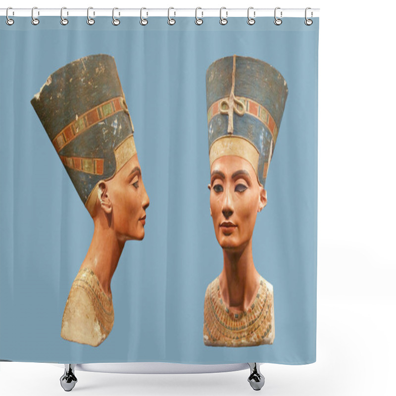 Personality  Bust Of Nefertiti Isolated On Blue Shower Curtains