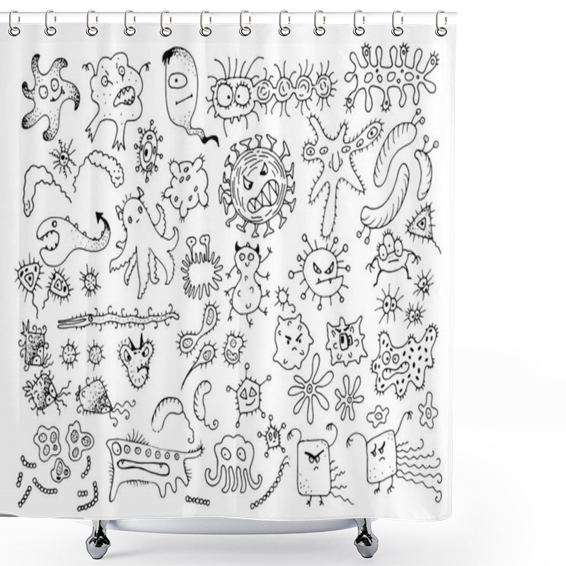 Personality  Set Of Vector Doodle Bacteria Germs Or Cartoon Monsters. Hand Drawn Viruses Collection Isolated Shower Curtains