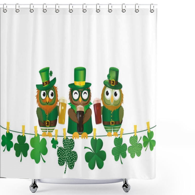 Personality  Three Owls In National Dress Drinking Beer In Glasses Sitting On A Rope. Shower Curtains