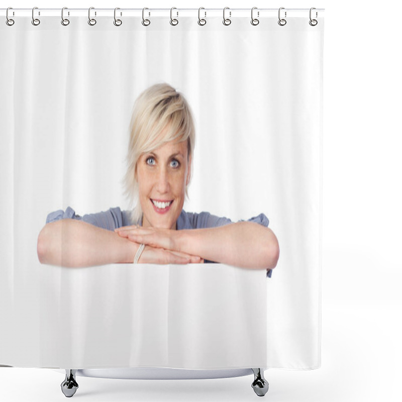 Personality  Blond Woman Leaning On White Sign Shower Curtains