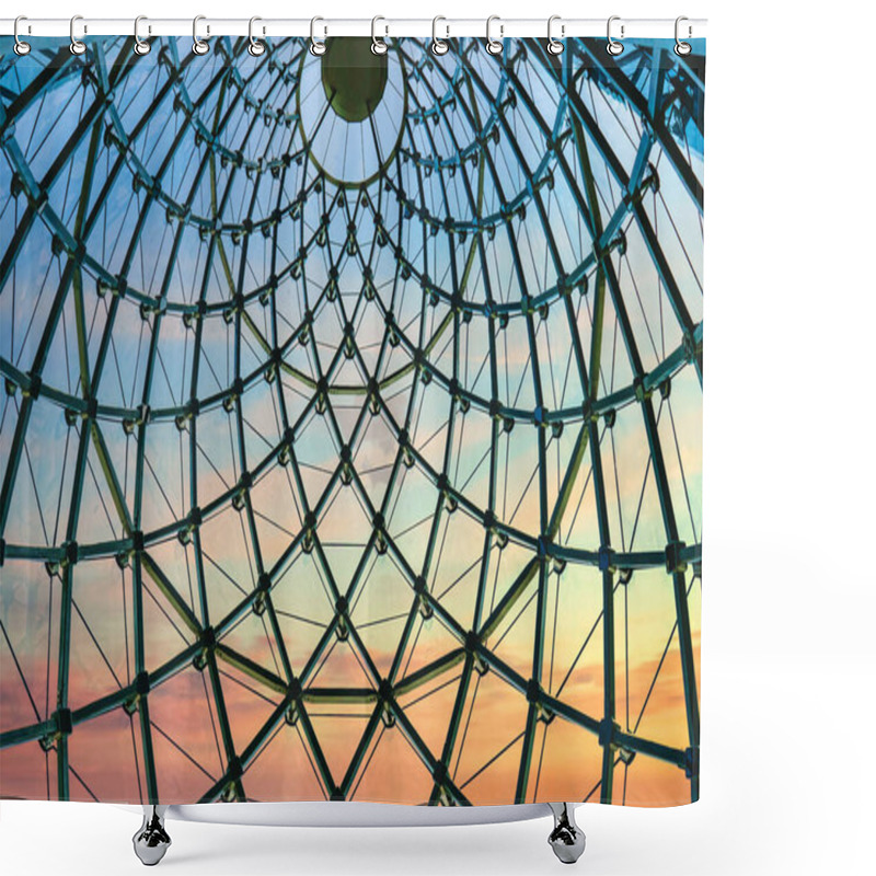 Personality  Modern And Contemporary Of Metal Truss Structure Transparency Glass Dome Roof Of Modern Office Building With Sunset Sky Background Shower Curtains