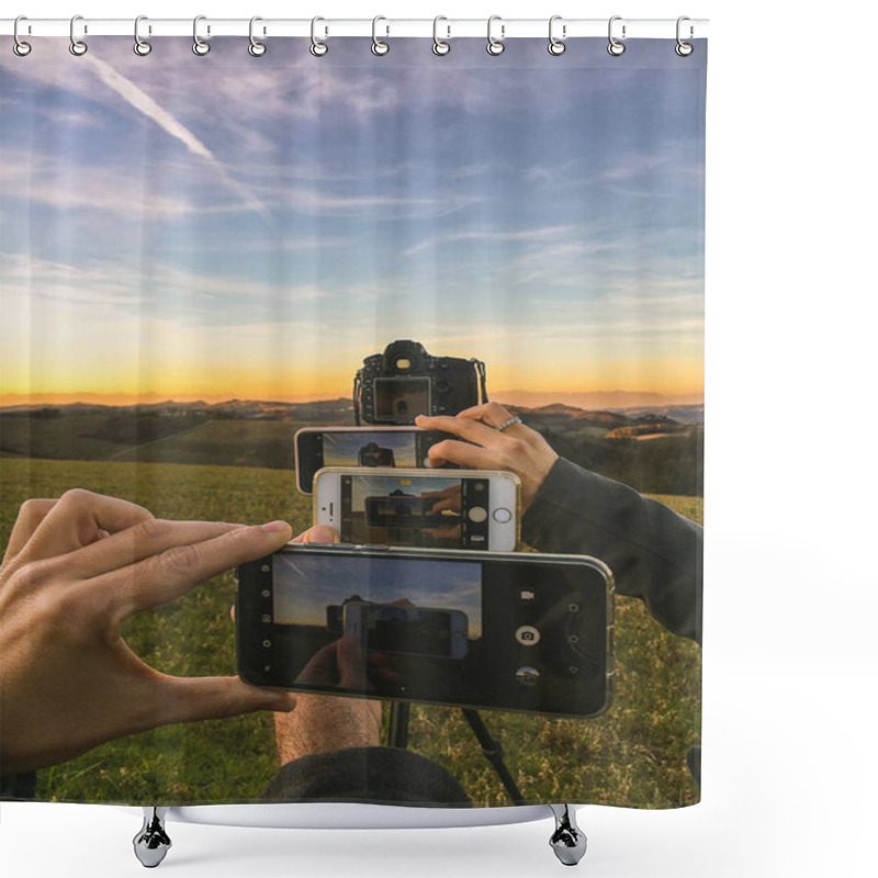 Personality  Photographing Landscape At Sunset With Smartphones And Reflex Cameras Shower Curtains