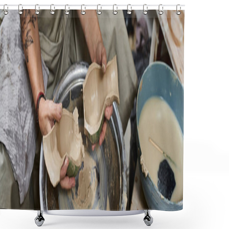 Personality  A Mature Woman Passionately Works With Clay, Crafting Beautiful Pieces In Her Serene Studio. Shower Curtains