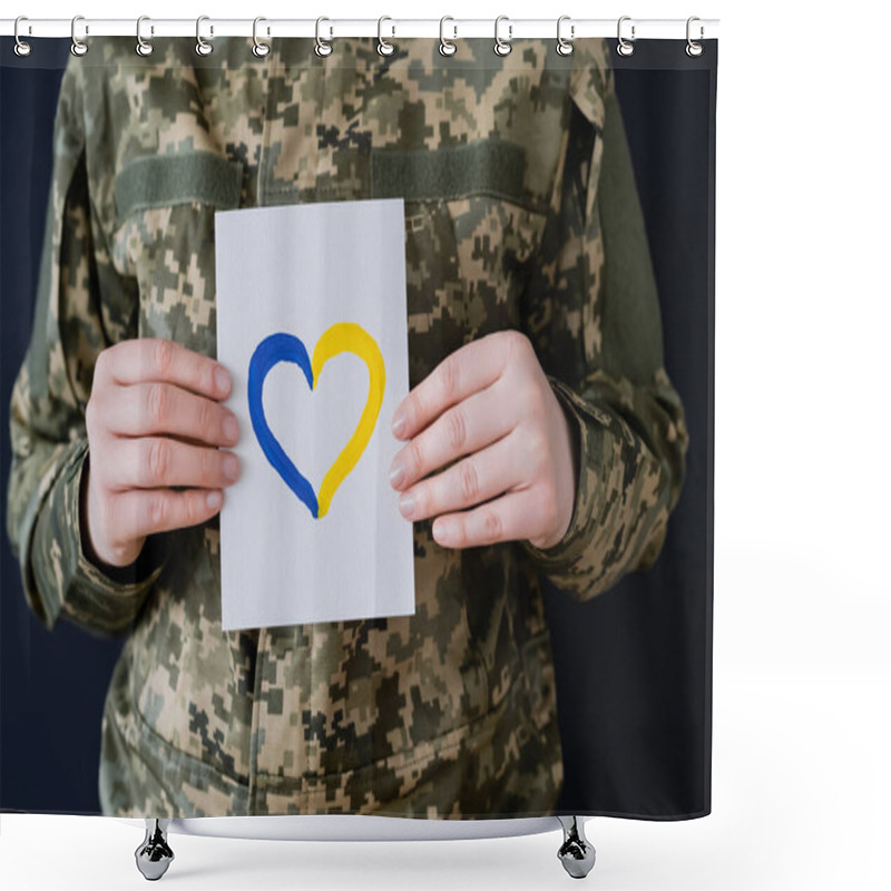 Personality  Partial View Of Woman In Military Uniform Holding White Card With Blue And Yellow Heart Isolated On Black Shower Curtains